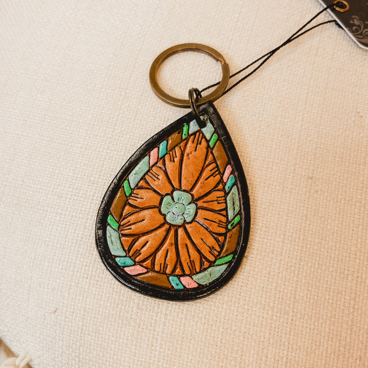American Darling Tooled Leather Turquoise Flower Keychain - Lace and Grace Boutique