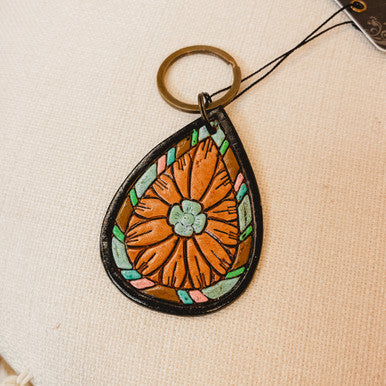 American Darling Tooled Leather Turquoise Flower Keychain - Lace and Grace Boutique