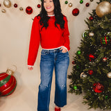 Cable Knit Scalloped Sweater - Red