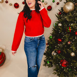 Cable Knit Scalloped Sweater - Red