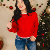 Cable Knit Scalloped Sweater - Red