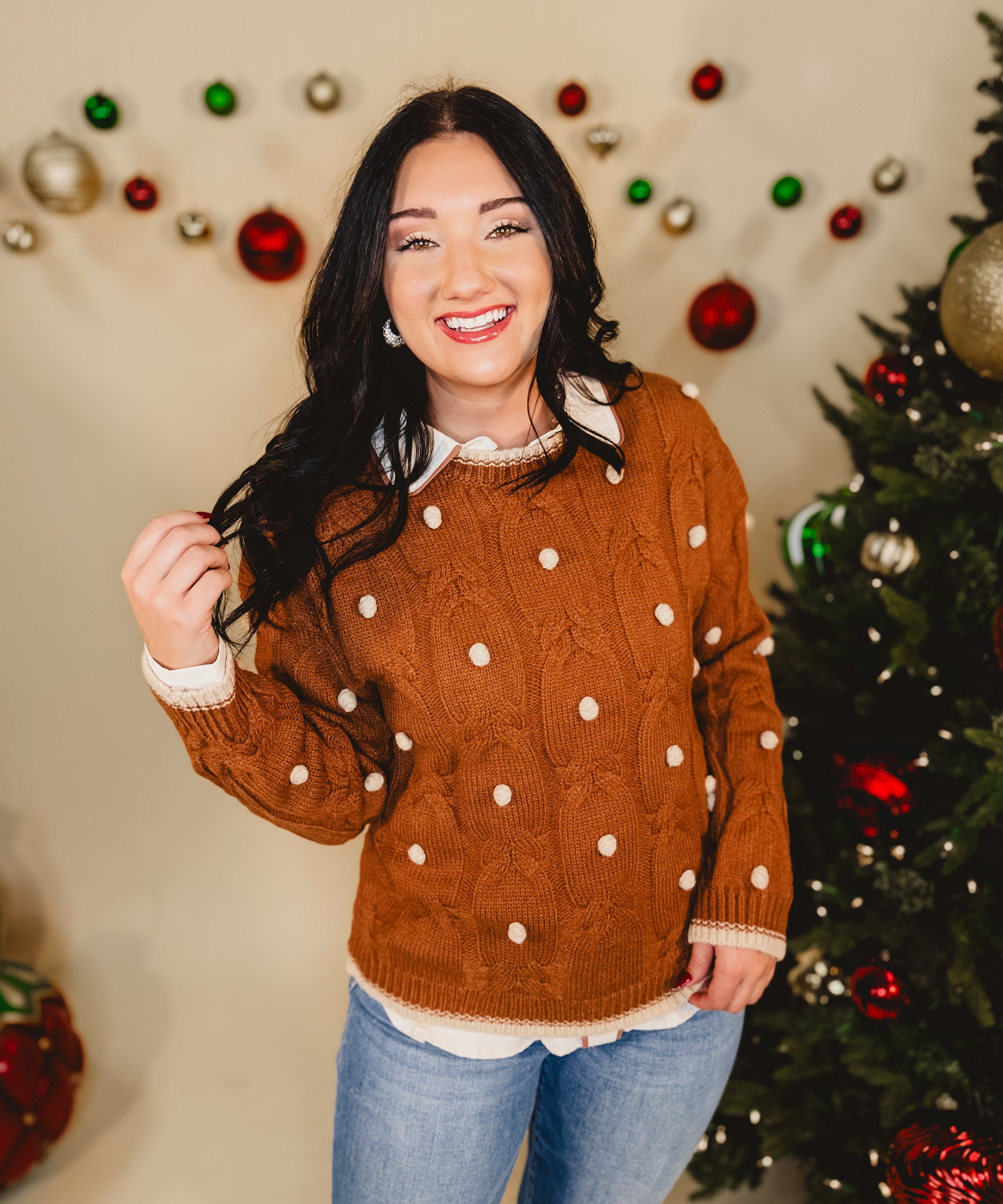 Cable Knit Pom Pom Sweater - Ginger