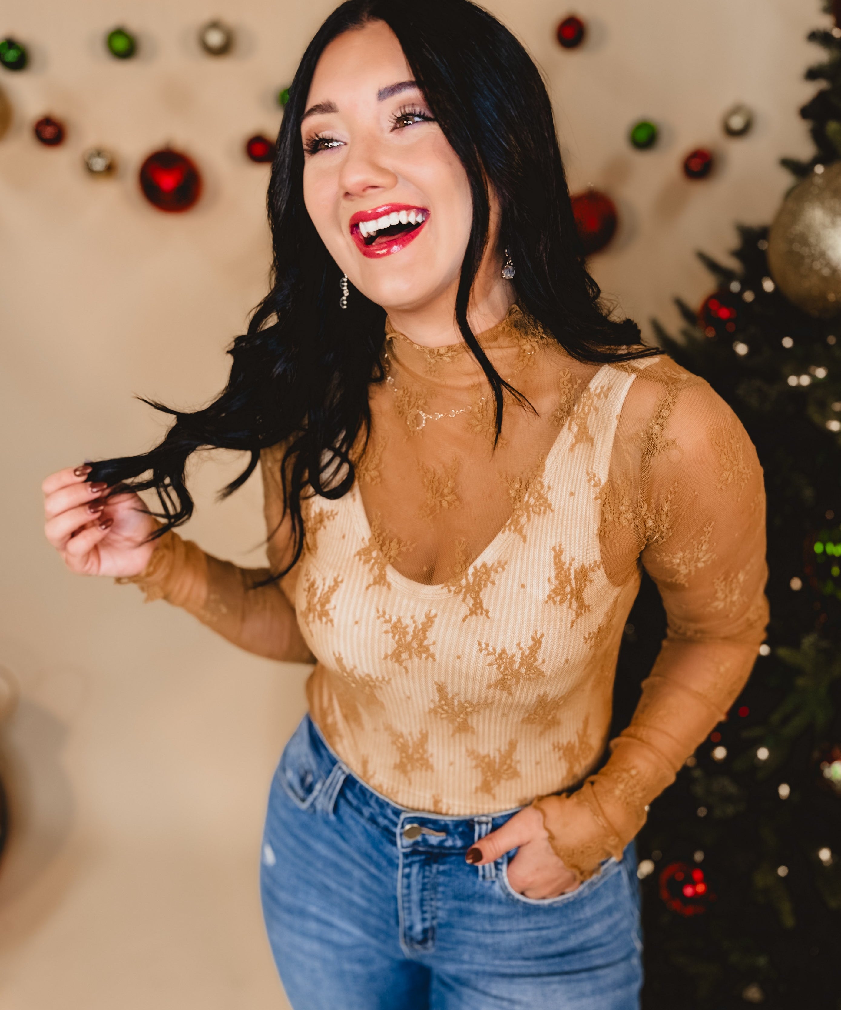 All Dressed Up Sheer Lace Top - Dijon Mustard