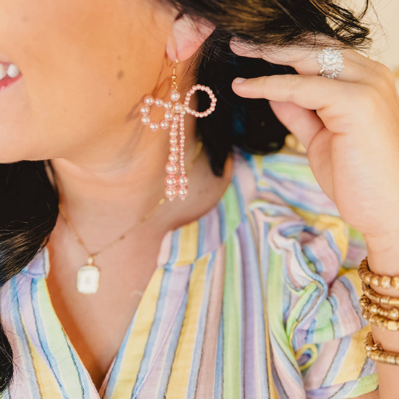 Bow Pearl Beaded Earrings- Pink - Lace and Grace Boutique