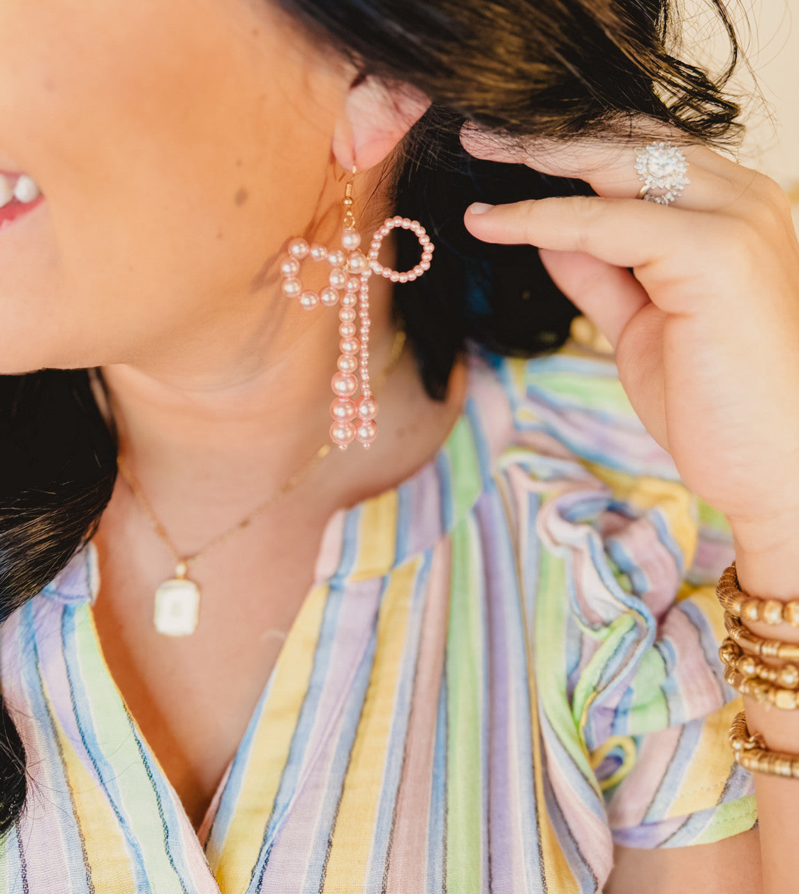 Bow Pearl Beaded Earrings- Pink - Lace and Grace Boutique