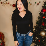 Basic Buttery Soft Long Sleeve V-Neck Top - Black