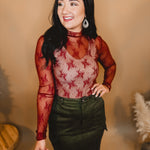 All Dressed Up Sheer Lace Top - Brick - Lace and Grace Boutique