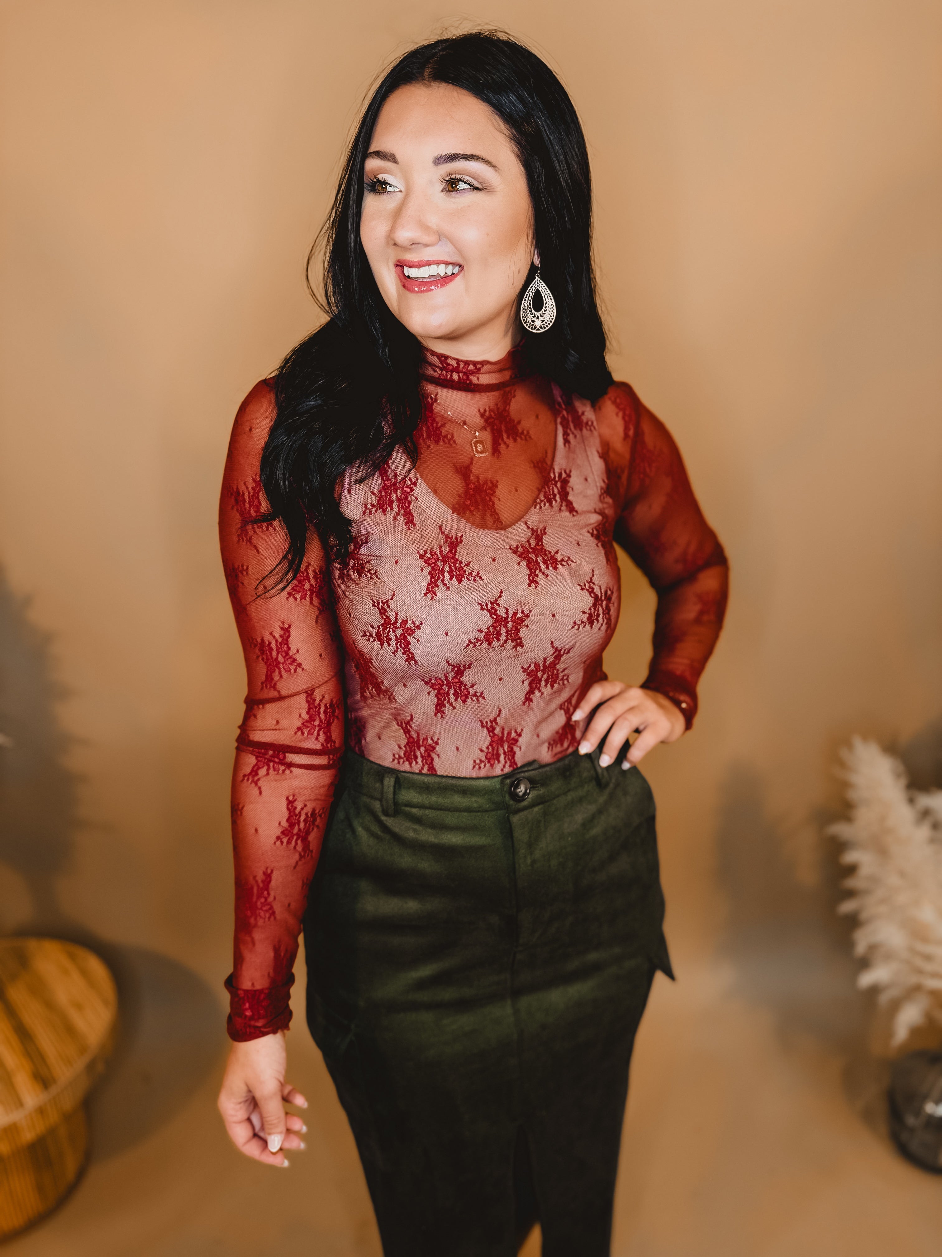 All Dressed Up Sheer Lace Top - Brick - Lace and Grace Boutique