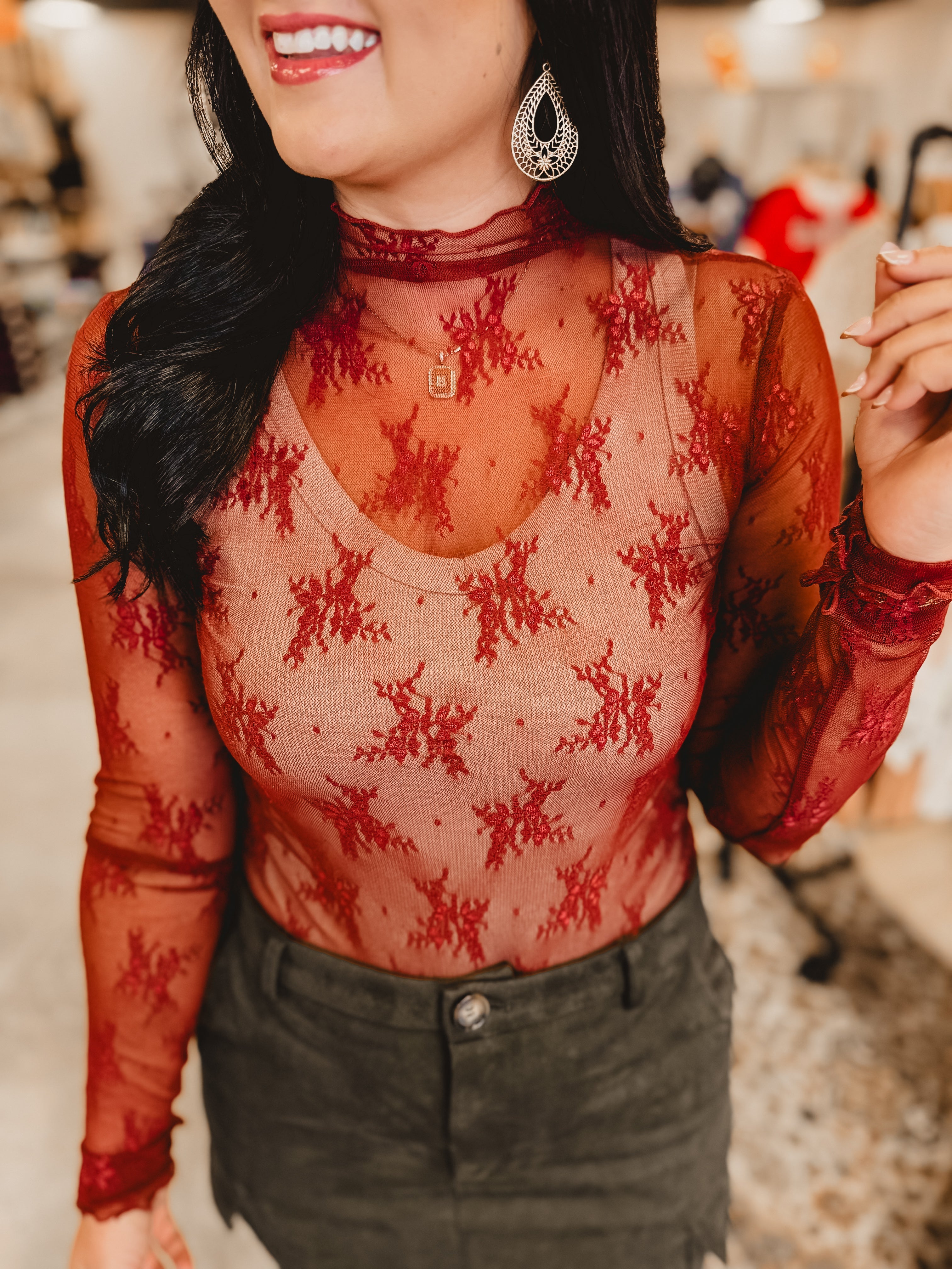 All Dressed Up Sheer Lace Top - Brick - Lace and Grace Boutique