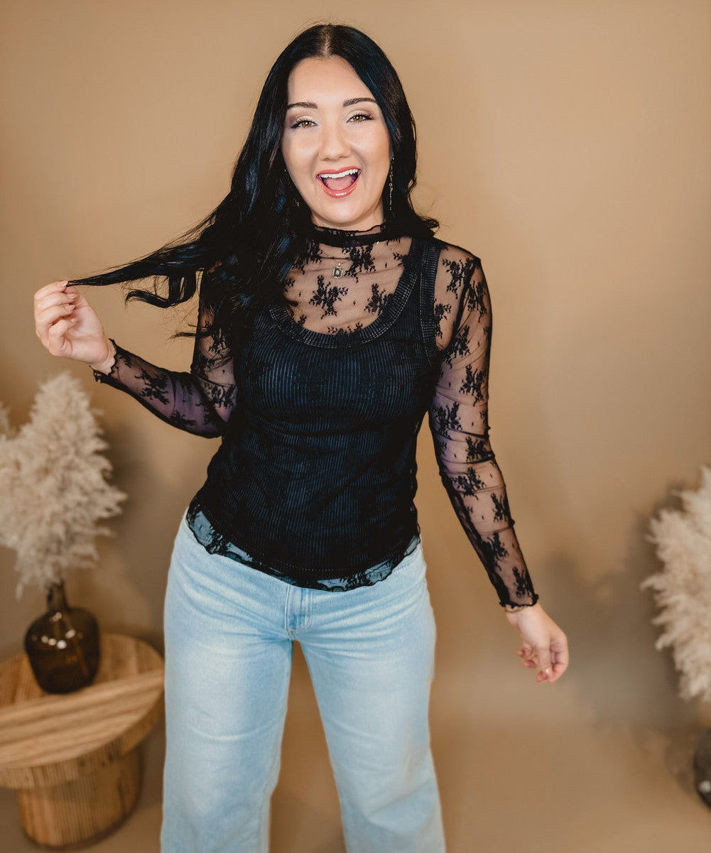 All Dressed Up Sheer Lace Top - Black - Lace and Grace Boutique