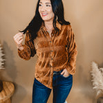 Button Up Velvet Smocked Top - Pumpkin Spice - Lace and Grace Boutique