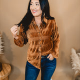Button Up Velvet Smocked Top - Pumpkin Spice - Lace and Grace Boutique