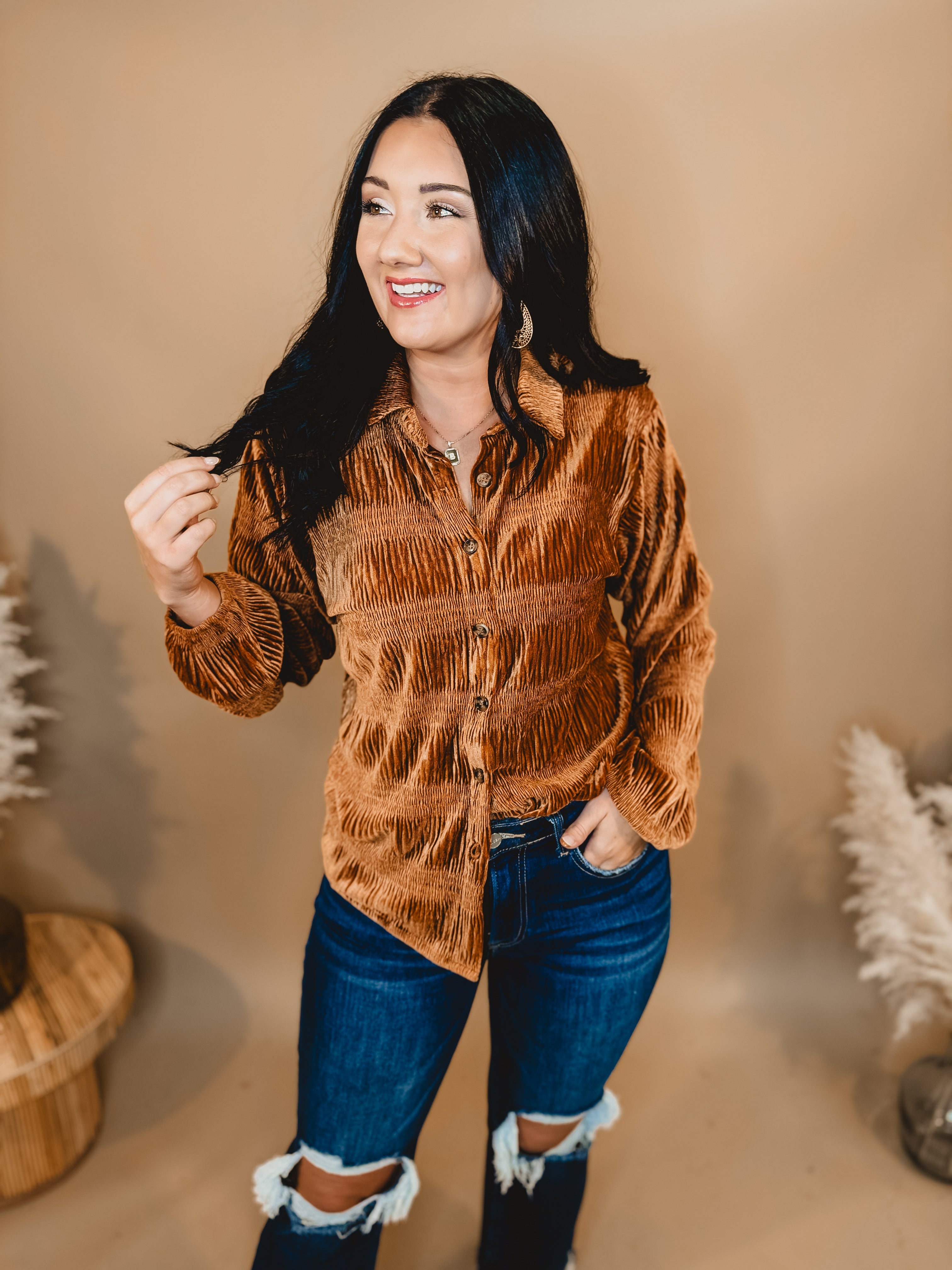 Button Up Velvet Smocked Top - Pumpkin Spice - Lace and Grace Boutique