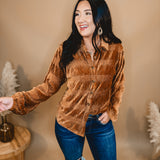Button Up Velvet Smocked Top - Pumpkin Spice - Lace and Grace Boutique