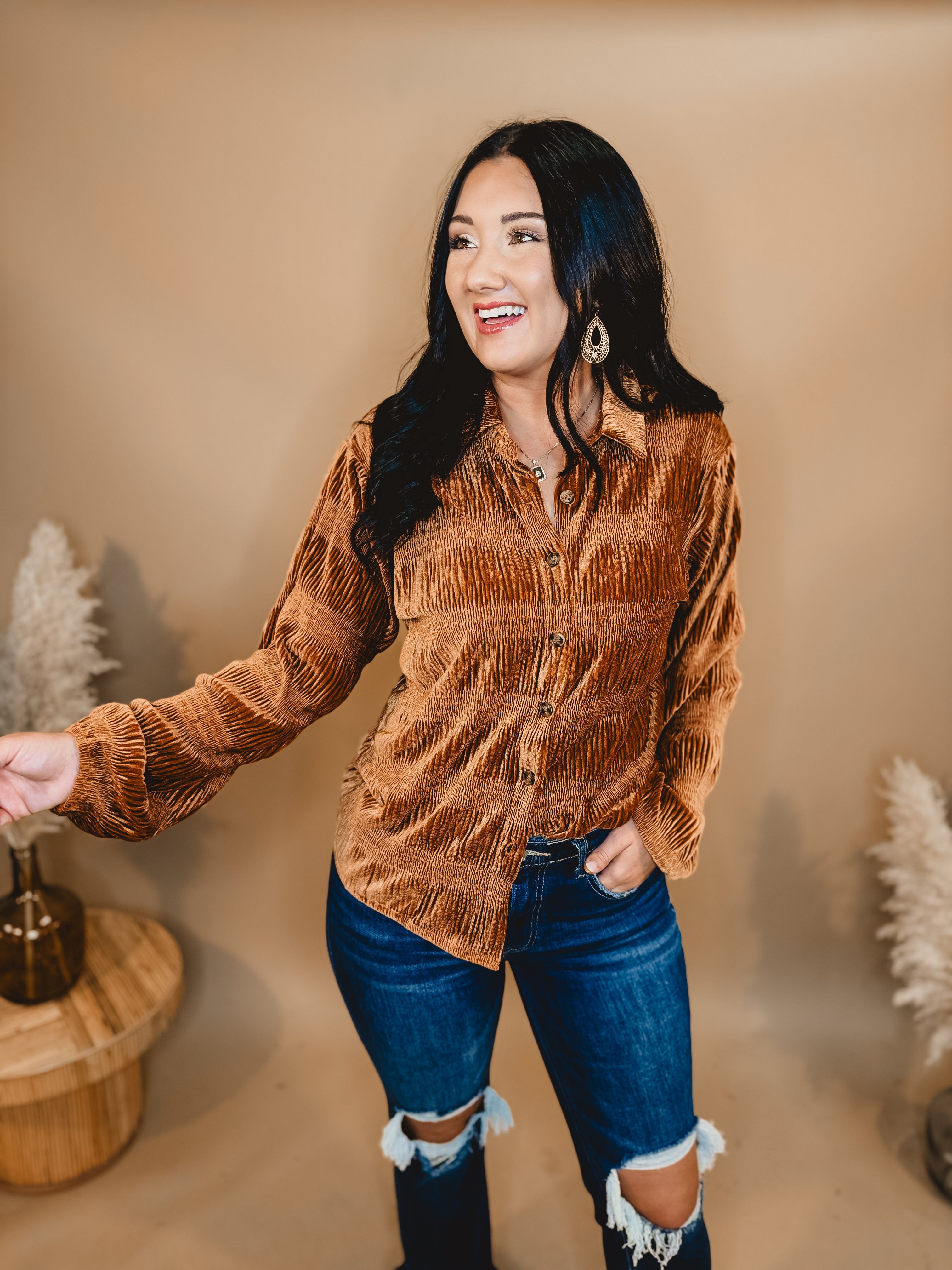 Button Up Velvet Smocked Top - Pumpkin Spice - Lace and Grace Boutique