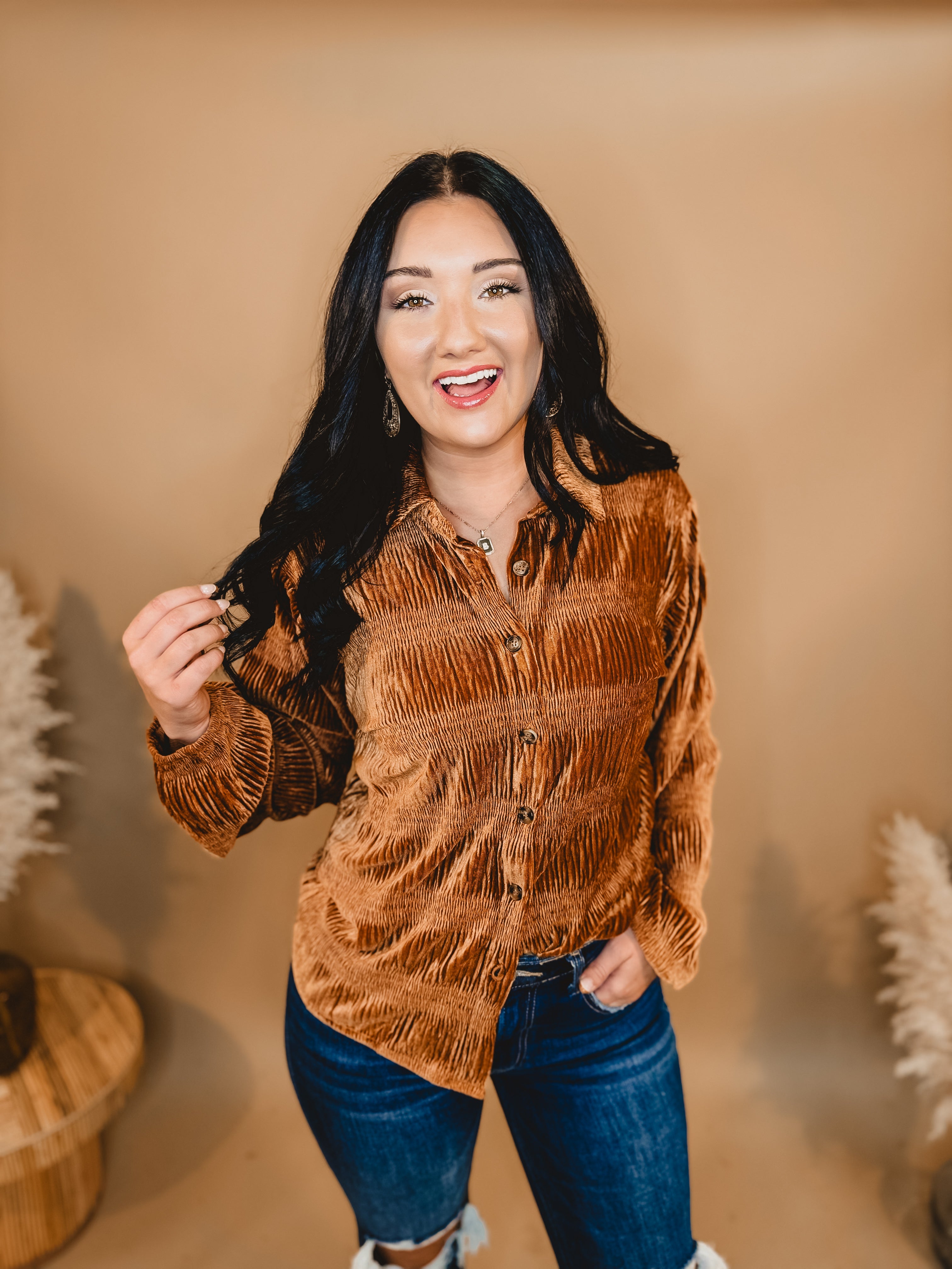 Button Up Velvet Smocked Top - Pumpkin Spice - Lace and Grace Boutique