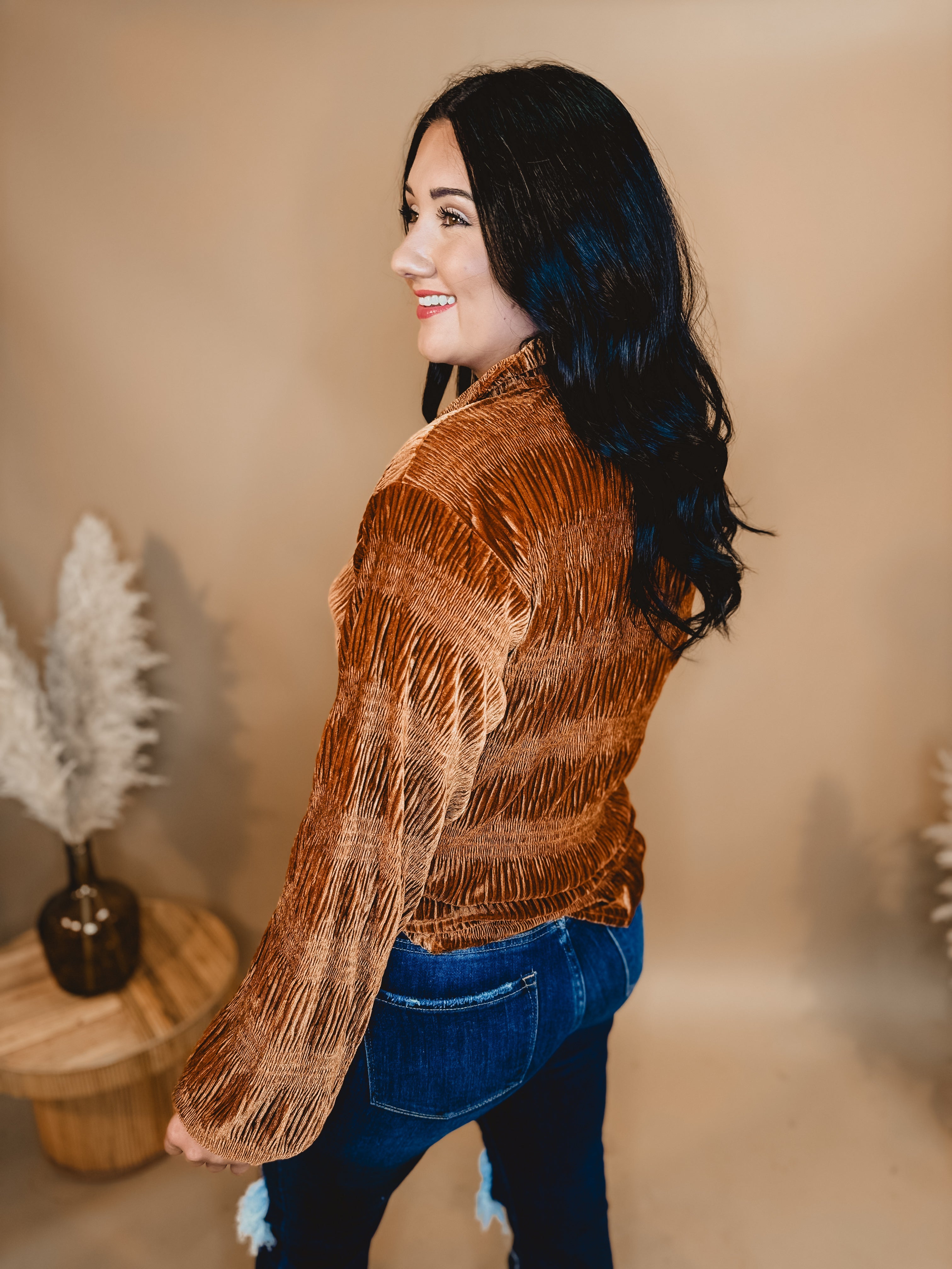 Button Up Velvet Smocked Top - Pumpkin Spice - Lace and Grace Boutique