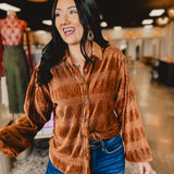 Button Up Velvet Smocked Top - Pumpkin Spice - Lace and Grace Boutique