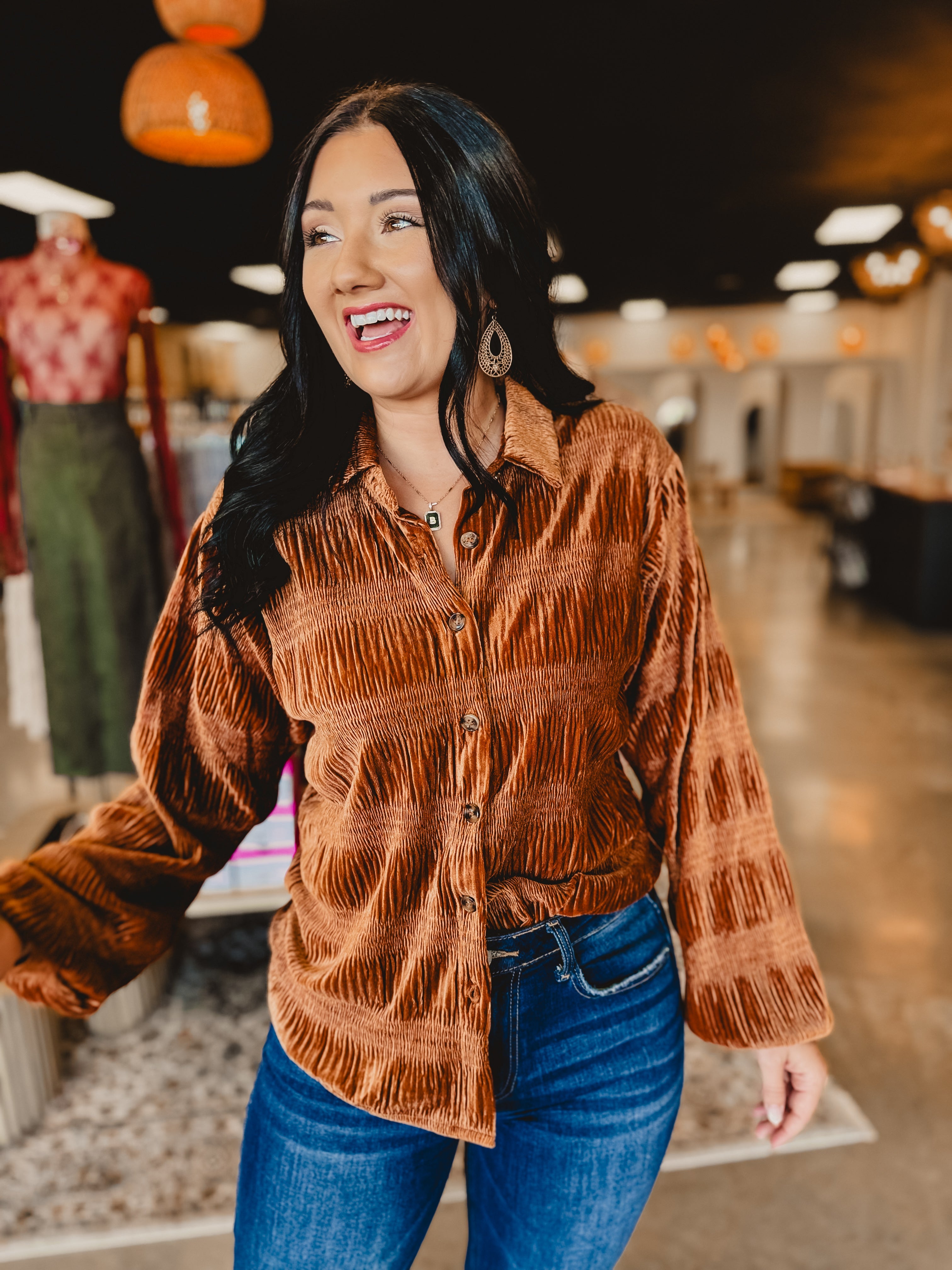 Button Up Velvet Smocked Top - Pumpkin Spice - Lace and Grace Boutique