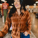 Button Up Velvet Smocked Top - Pumpkin Spice - Lace and Grace Boutique