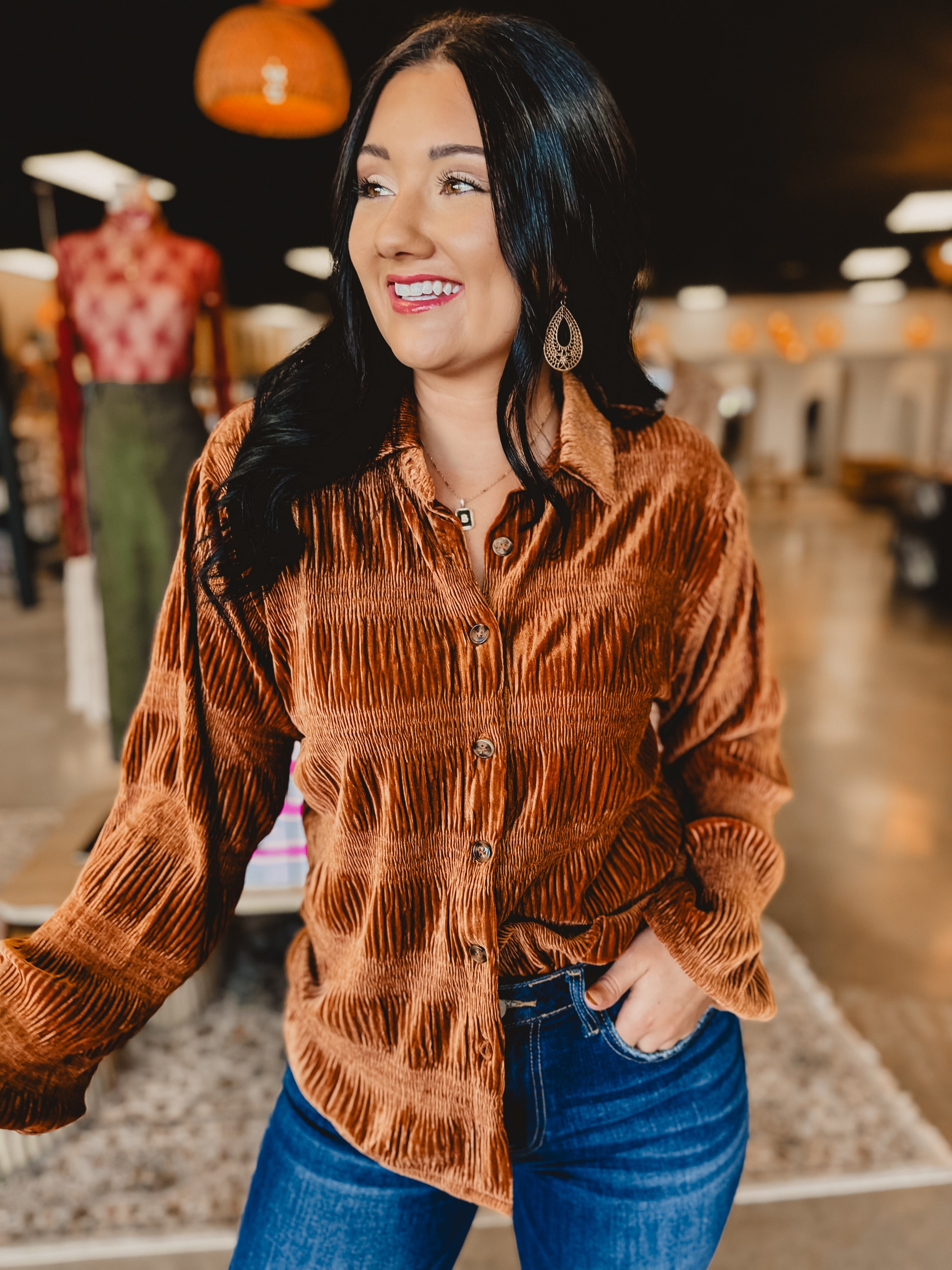 Button Up Velvet Smocked Top - Pumpkin Spice - Lace and Grace Boutique