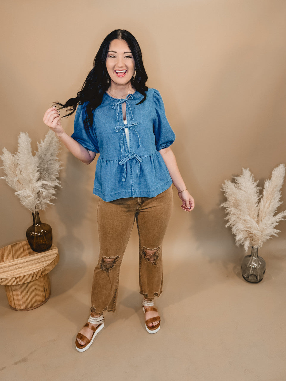 All In Denim Front Bow Peplum Top - Lace and Grace Boutique