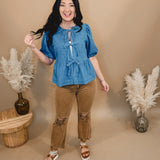 All In Denim Front Bow Peplum Top - Lace and Grace Boutique