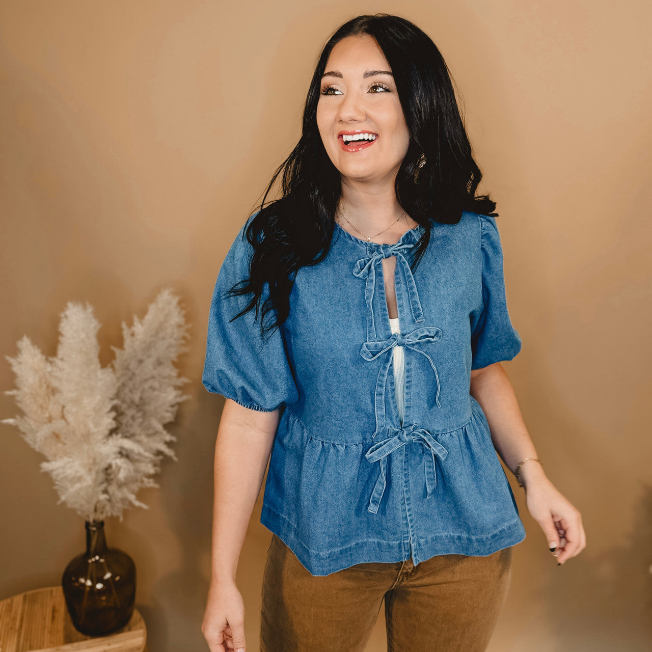 All In Denim Front Bow Peplum Top - Lace and Grace Boutique