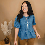 All In Denim Front Bow Peplum Top - Lace and Grace Boutique