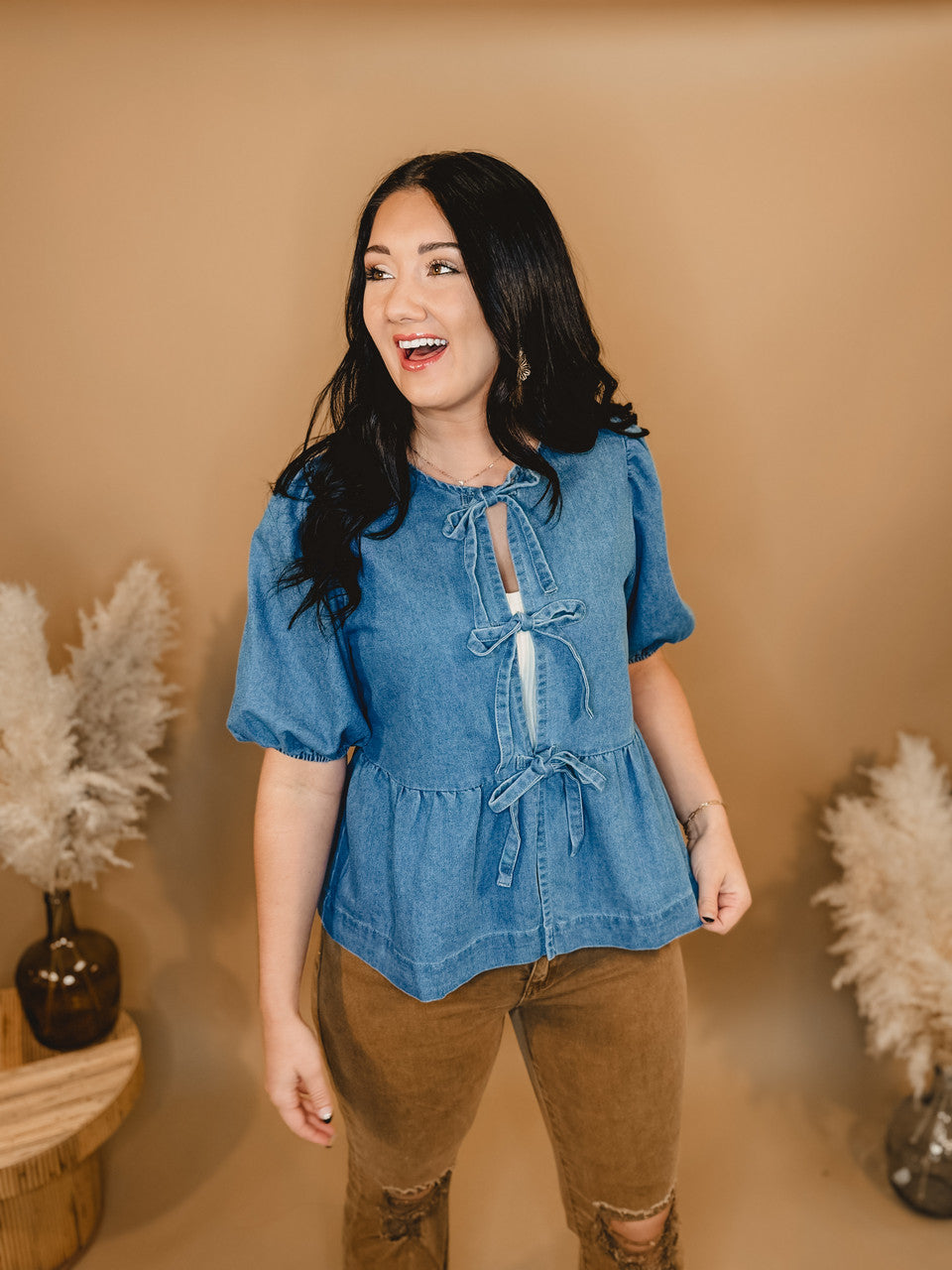 All In Denim Front Bow Peplum Top - Lace and Grace Boutique