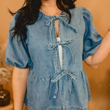 All In Denim Front Bow Peplum Top - Lace and Grace Boutique