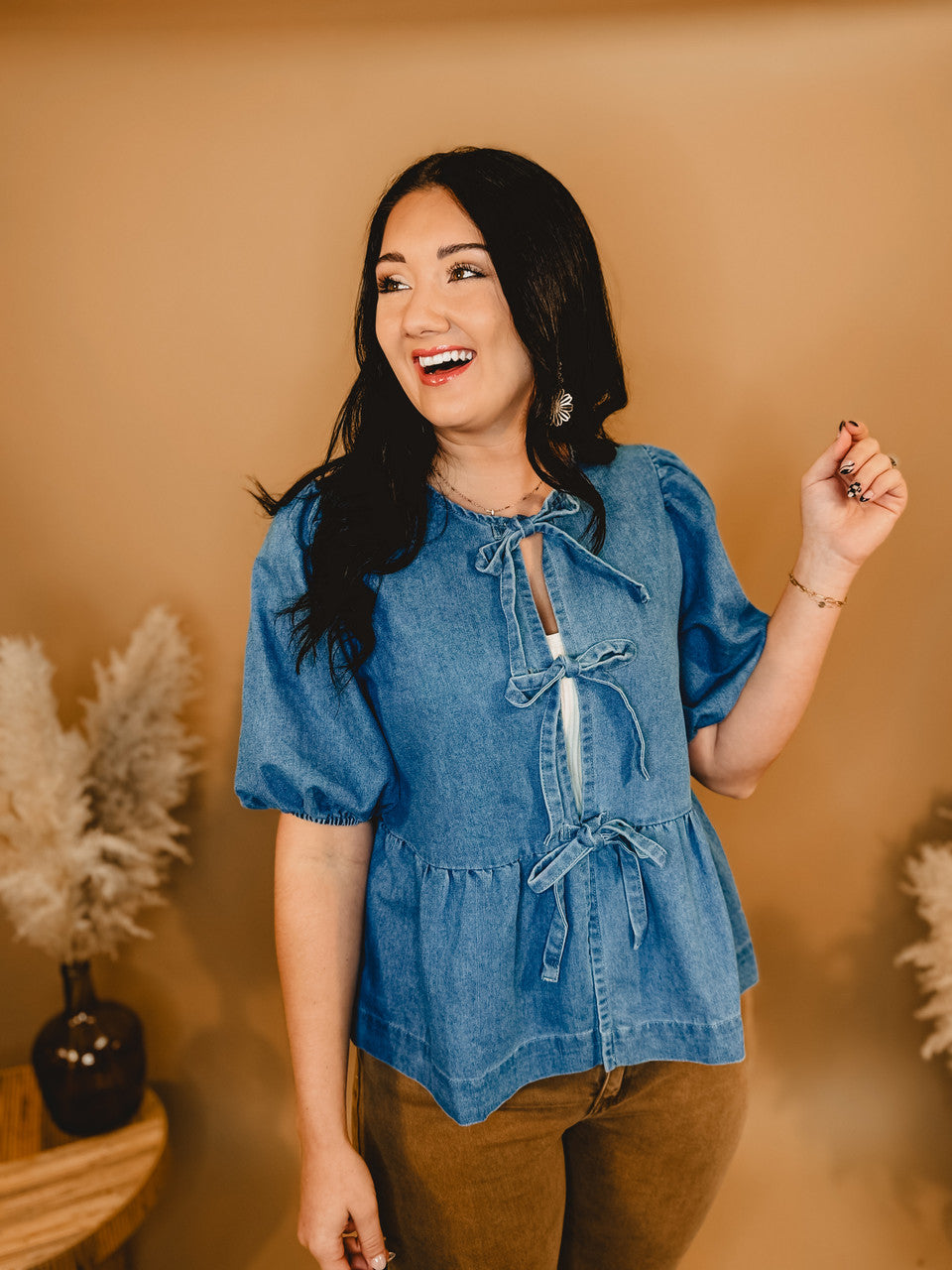 All In Denim Front Bow Peplum Top - Lace and Grace Boutique