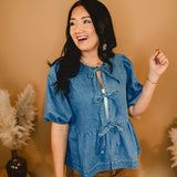 All In Denim Front Bow Peplum Top - Lace and Grace Boutique