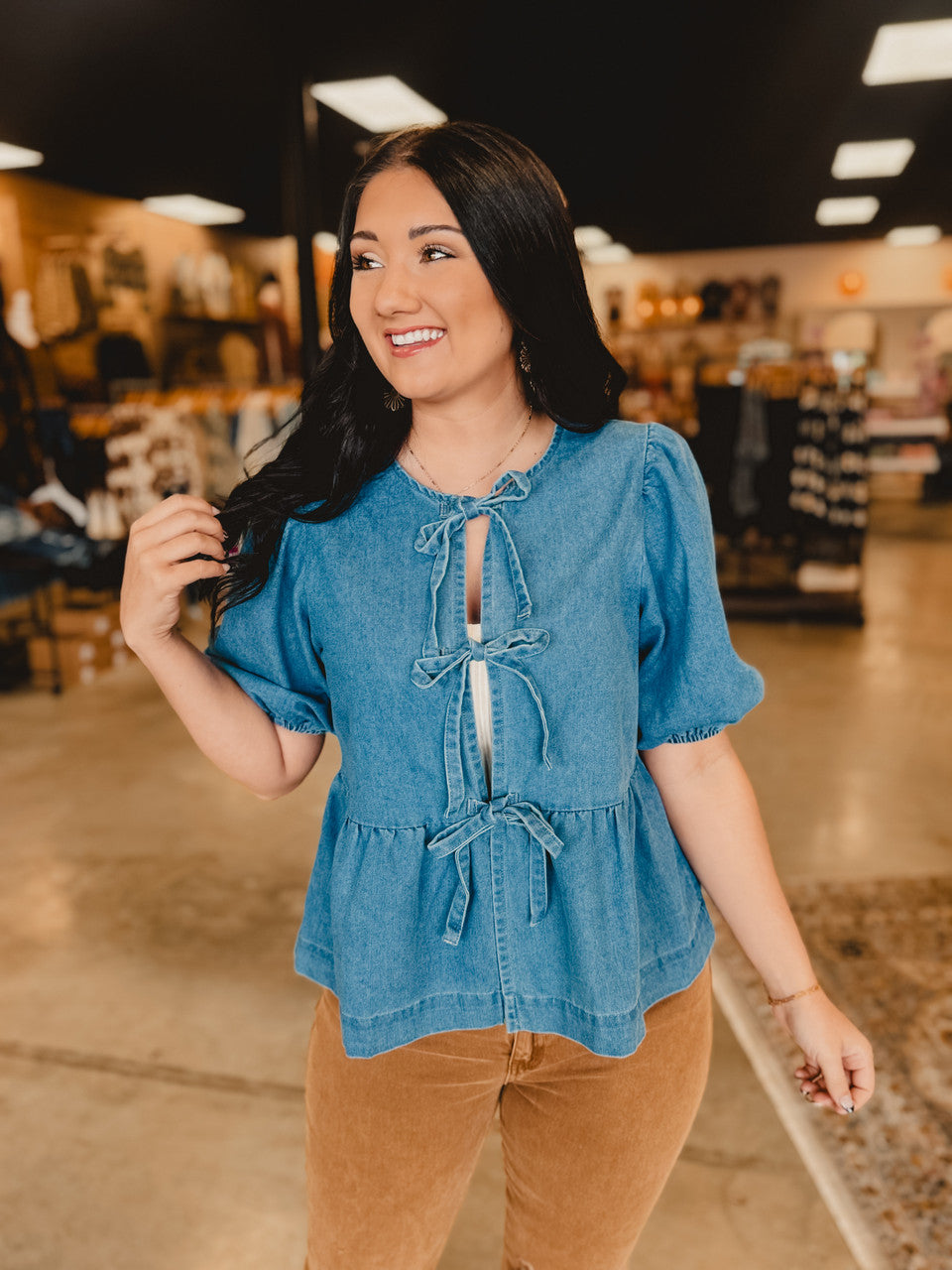 All In Denim Front Bow Peplum Top - Lace and Grace Boutique