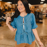 All In Denim Front Bow Peplum Top - Lace and Grace Boutique