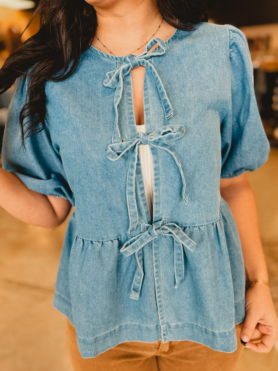 All In Denim Front Bow Peplum Top - Lace and Grace Boutique