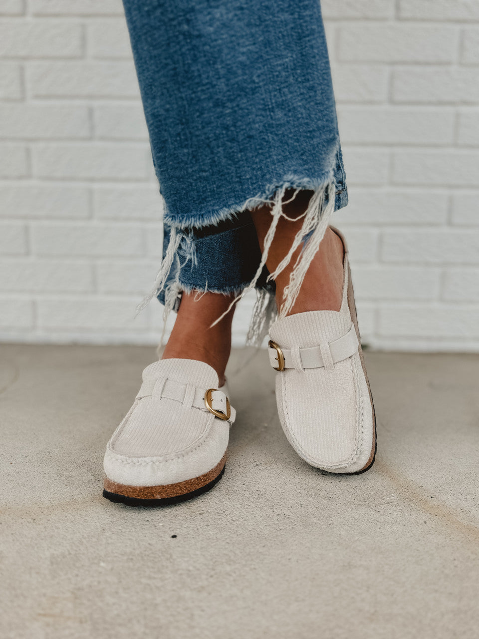 Birkenstock Buckley Suede Embossed - Corduroy Antique White - Lace and Grace Boutique