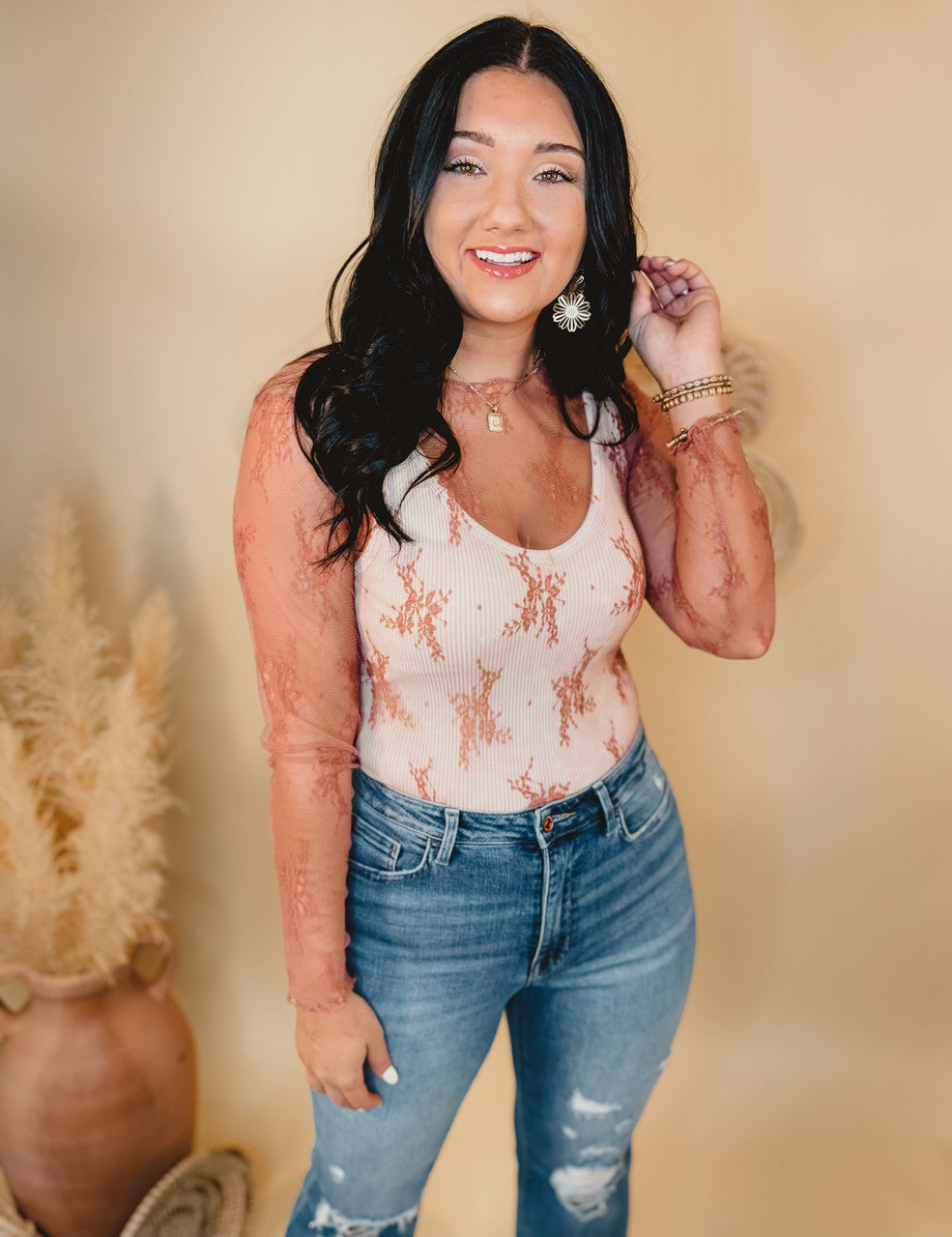 All Dressed Up Sheer Lace Top - Mauve - Lace and Grace Boutique