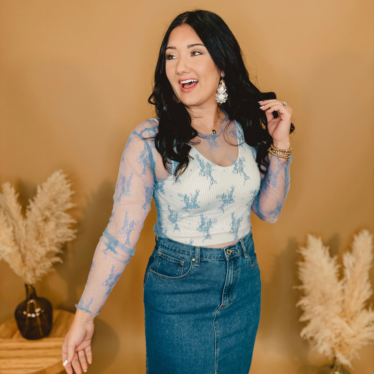 All Dressed Up Sheer Lace Top - Cielo Blue - Lace and Grace Boutique