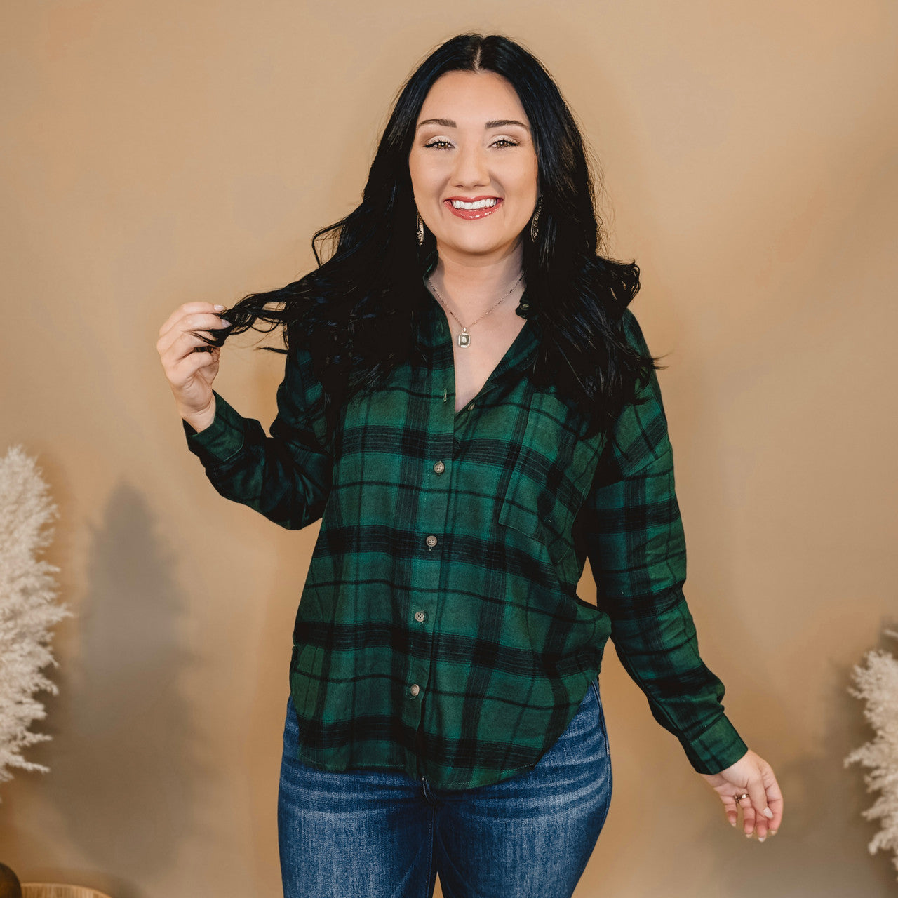 Button Down Plaid Flannel - Hunter Green - Lace and Grace Boutique
