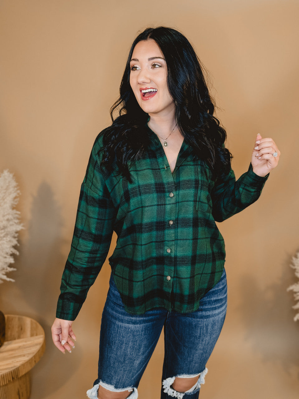 Button Down Plaid Flannel - Hunter Green - Lace and Grace Boutique
