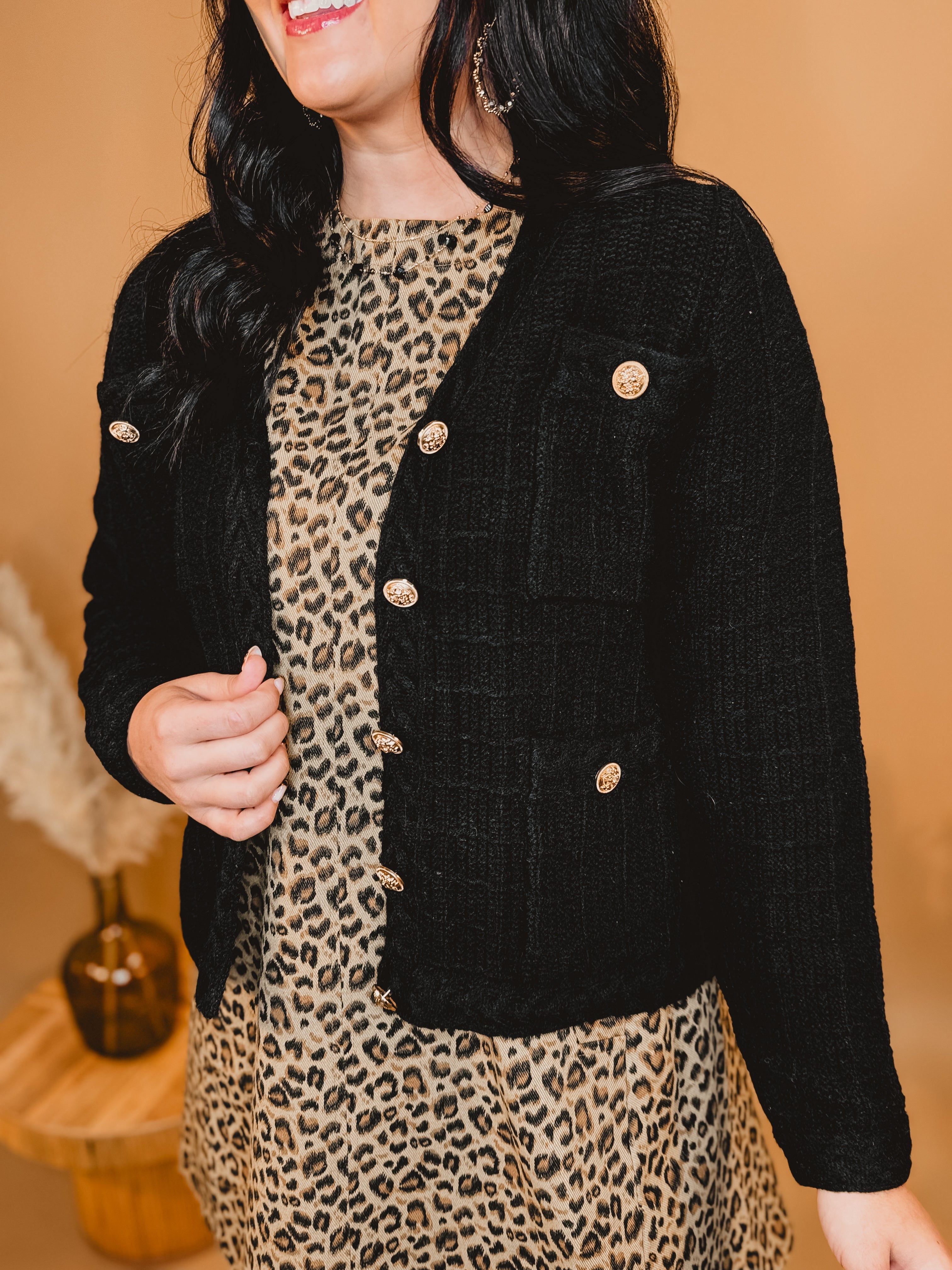 Button Up Cropped Knit Cardigan - Black - Lace and Grace Boutique