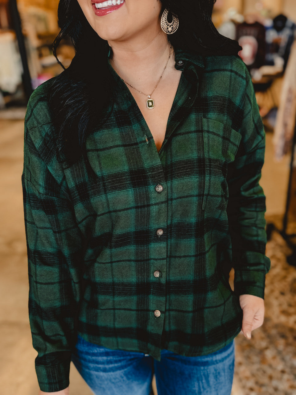 Button Down Plaid Flannel - Hunter Green - Lace and Grace Boutique