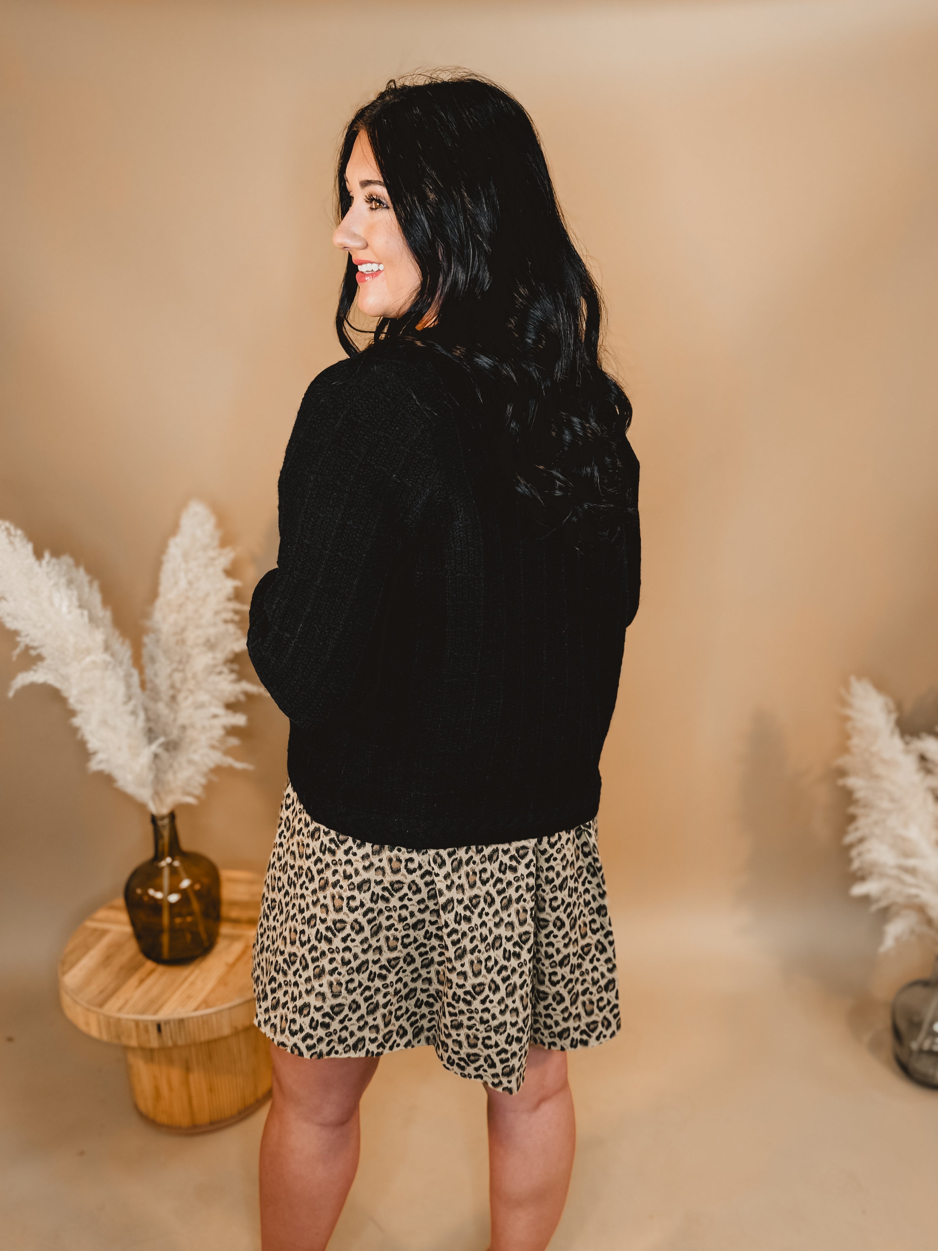 Button Up Cropped Knit Cardigan - Black - Lace and Grace Boutique