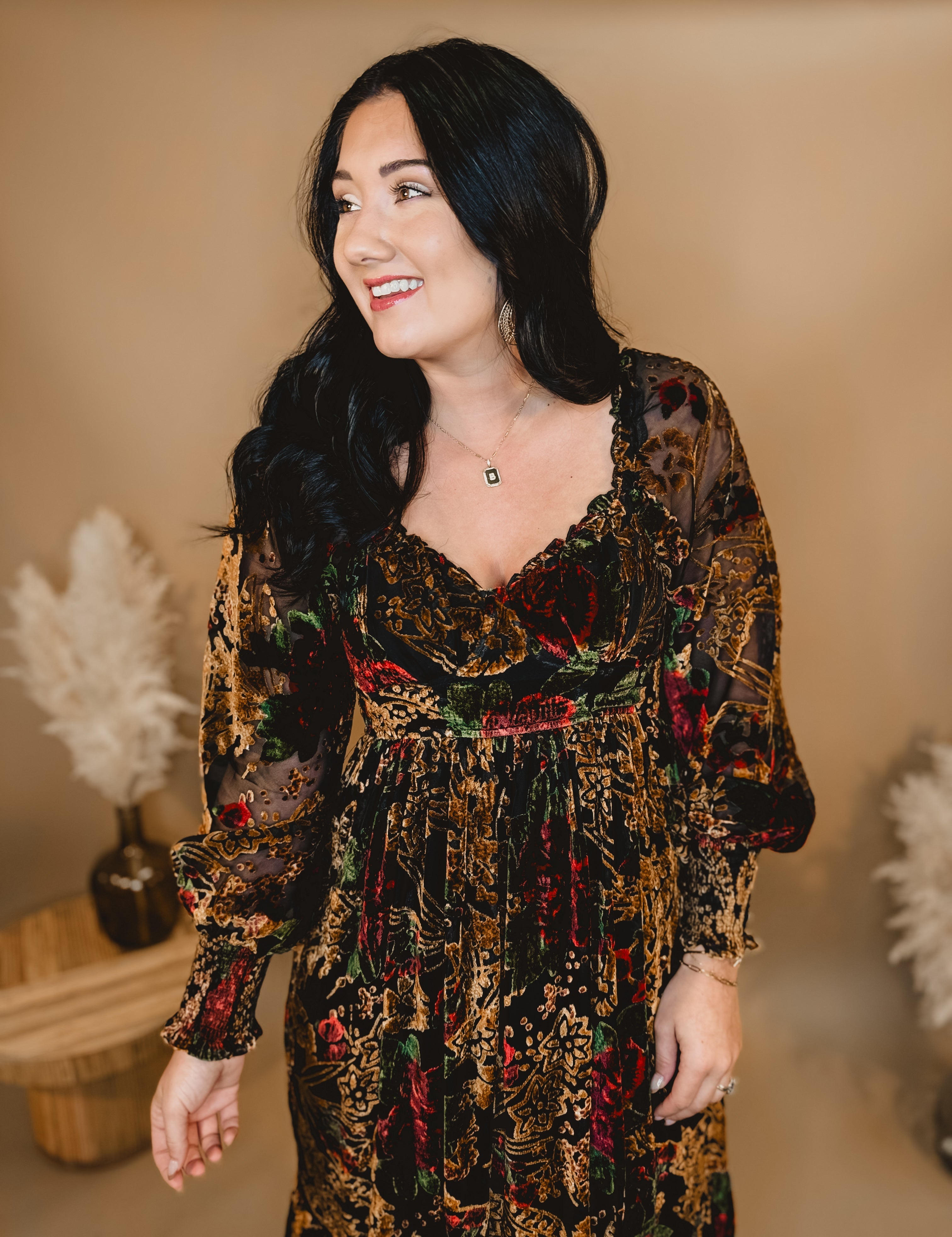 Burnout Velvet Floral Maxi Dress - Rose Black Floral - Lace and Grace Boutique