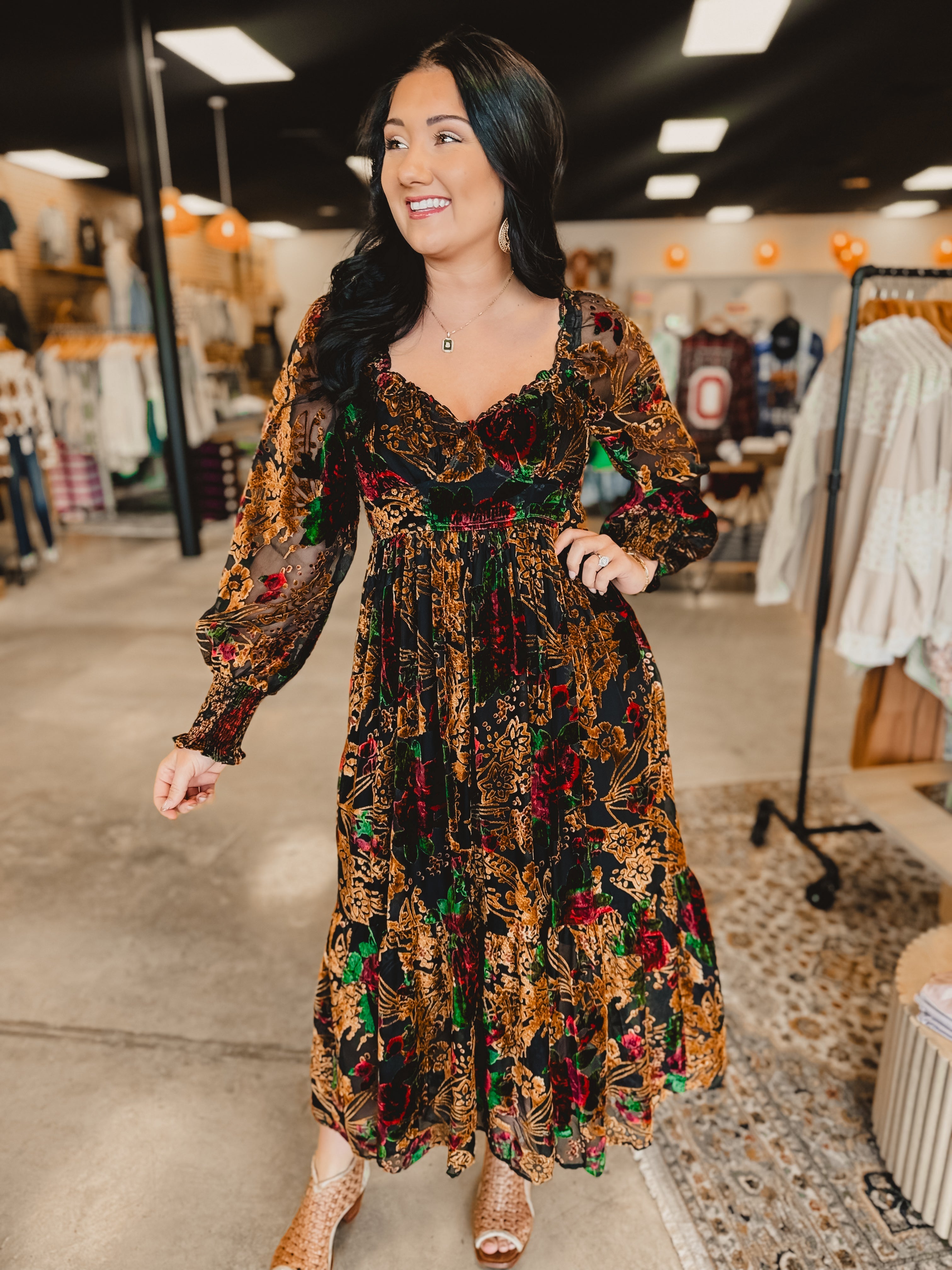 Burnout Velvet Floral Maxi Dress - Rose Black Floral - Lace and Grace Boutique